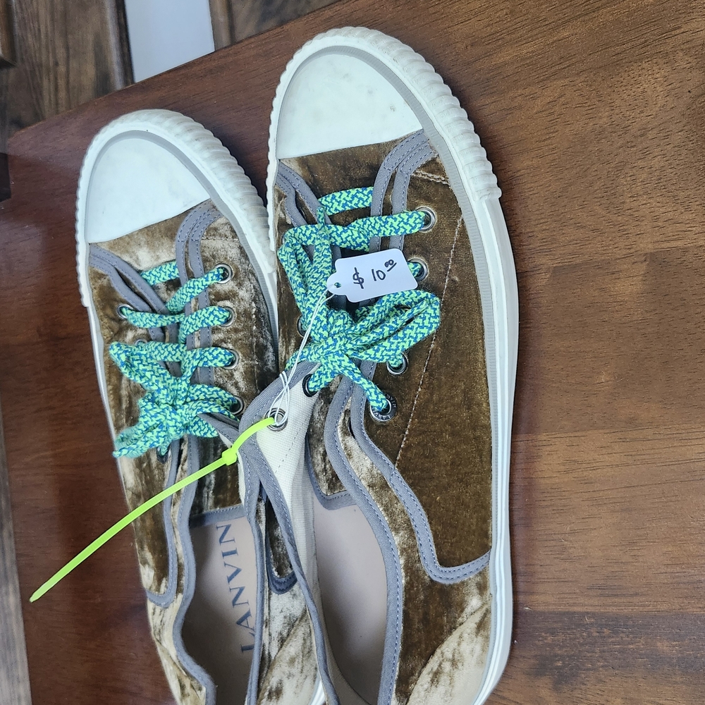 Lanvin Brown Velvet Sneakers with Blue Laces